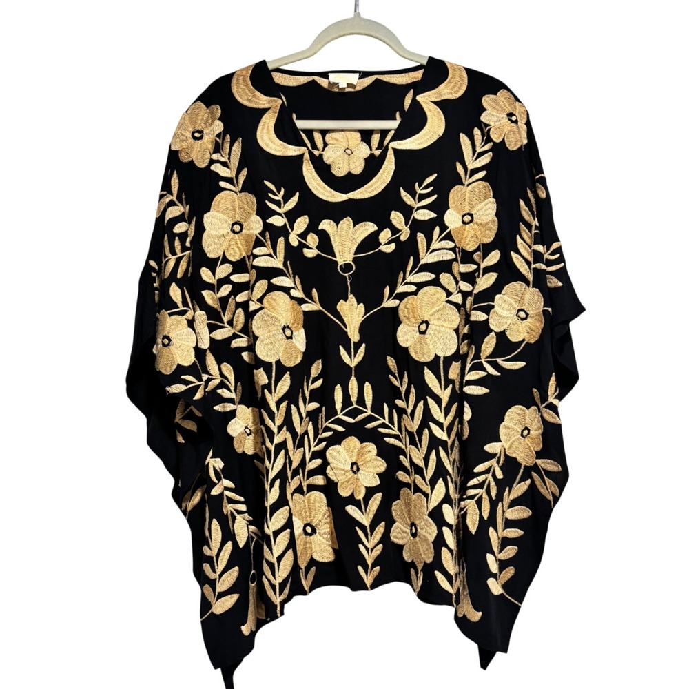 Layerz Clothing Black Gold Floral Embroidered Kaftan Kimono Top Large Bohemian
